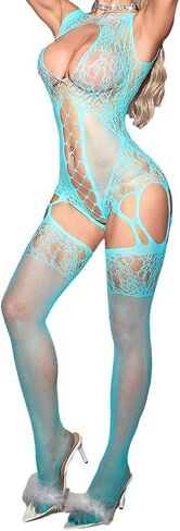 Women's Sexy Fishnet Bodystocking, One Size Long Sleeve Full Body Mesh Lingerie Hollow Teddy Jumpsuit Nightwear in Kuwait