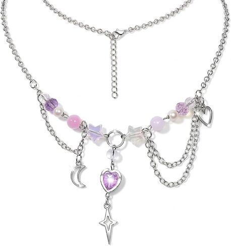 AICase Heart Star Moon Necklace, Kpop Y2K Aesthetic Silver Chain Choker for Demon Hunters Huntrix Cosplay Jewelry Outfit Accessories Birthday Graduation Halloween Gifts Merch K-Pop Party Favors in Saudi Arabia