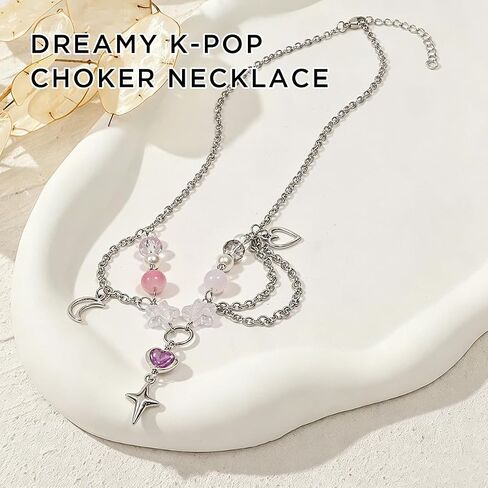 AICase Heart Star Moon Necklace, Kpop Y2K Aesthetic Silver Chain Choker for Demon Hunters Huntrix Cosplay Jewelry Outfit Accessories Birthday Graduation Halloween Gifts Merch K-Pop Party Favors in Saudi Arabia