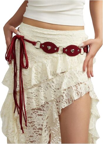 أحزمة RoseSeek النسائية الغربية الرجعية المسامير القلب بولي Leather الجلود بوهو أحزمة لفستان الجينز ملابس راعية البقر in Kuwait