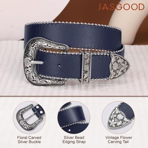 JASGOOD Western Belt for Women Vintage Floral Carved Design with Beaded Trim Cowgirl Belts for Jeans Pants Dresses in Kuwait