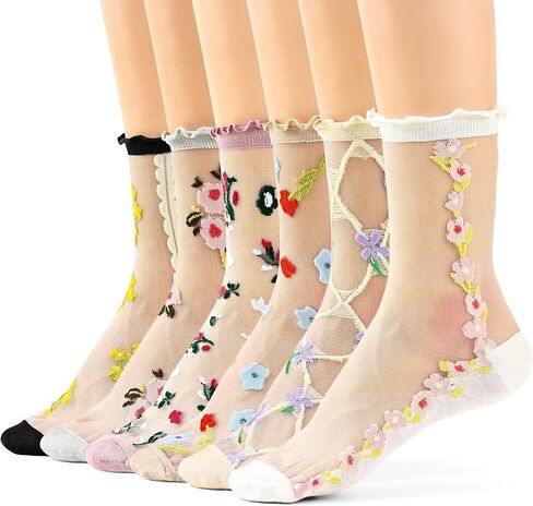 Jeasona Women Sheer Mesh Crew Socks, Cute Floral Heart Pattern Ruffle Ankle Transparent Fashion Socks for Women Girls in Saudi Arabia