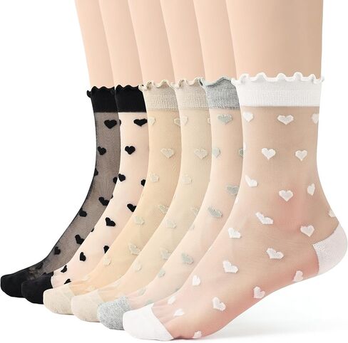 Jeasona Women Sheer Mesh Crew Socks, Cute Floral Heart Pattern Ruffle Ankle Transparent Fashion Socks for Women Girls in Saudi Arabia