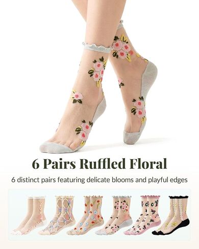 Jeasona Women Sheer Mesh Crew Socks, Cute Floral Heart Pattern Ruffle Ankle Transparent Fashion Socks for Women Girls in Saudi Arabia