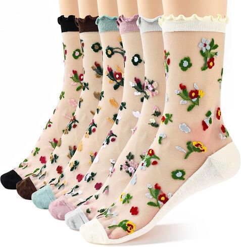 Jeasona Women Sheer Mesh Crew Socks, Cute Floral Heart Pattern Ruffle Ankle Transparent Fashion Socks for Women Girls in Saudi Arabia