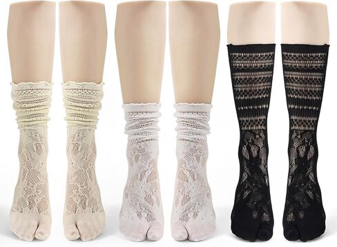 Jeasona 3 Pairs Lace Tabi Socks for Women, Nylon Slouch Socks with Ruffle Trim, Frilly Flip Flop Scrunch Sock for Womens Girls, Breathable Lace Mesh Crew Sock Black White in Saudi Arabia