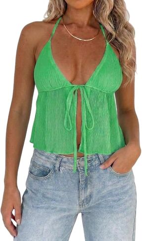 Women Sexy Tie Front Crop Top Halter Neck Flowy Y2k Cute Summer Going Out Tops Split Cami Shirt in Saudi Arabia