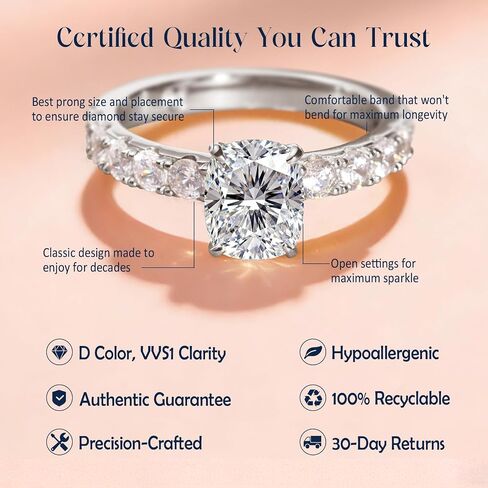 3CT Moissanite Engagement Rings for Women, Perfect for Romantic Proposal, Elongated Cushion Cut D Color VVS1, Sterling Silver White Gold Plated, Anniversary Valentines Gift Size 5 in Saudi Arabia