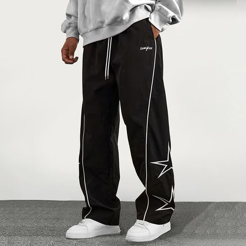 Men’s Summer Casual Pants Loose Straight Wide Leg Athletic Pants Star Print Design Contrast Piping Drawstring Waist in Kuwait