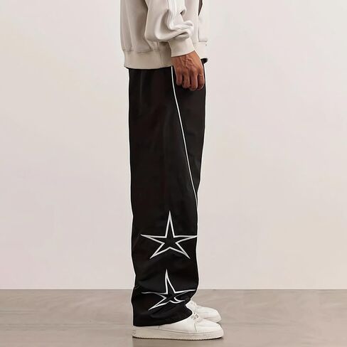 Men’s Summer Casual Pants Loose Straight Wide Leg Athletic Pants Star Print Design Contrast Piping Drawstring Waist in Kuwait