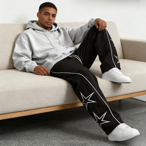Men’s Summer Casual Pants Loose Straight Wide Leg Athletic Pants Star Print Design Contrast Piping Drawstring Waist in Kuwait
