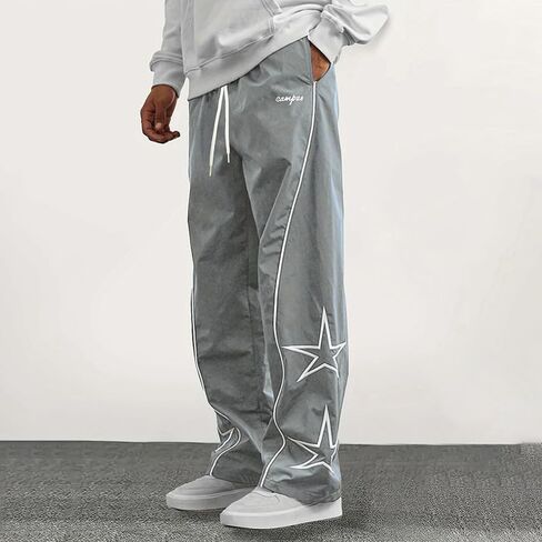 Men’s Summer Casual Pants Loose Straight Wide Leg Athletic Pants Star Print Design Contrast Piping Drawstring Waist in Kuwait