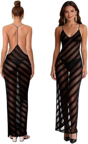 RARITYUS Women’s Sheer Mesh Beach Cover Up Dress Sexy V Neck Open Back Vacation Dress Side Split Striped Maxi Dresses in Kuwait