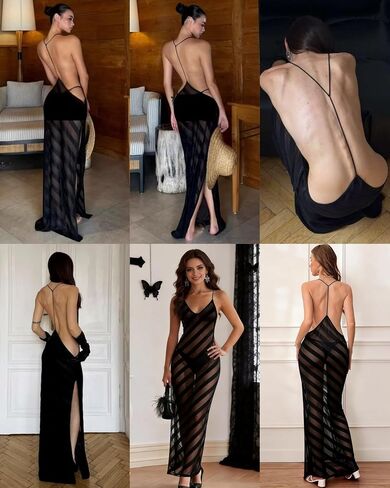RARITYUS Women’s Sheer Mesh Beach Cover Up Dress Sexy V Neck Open Back Vacation Dress Side Split Striped Maxi Dresses in Kuwait