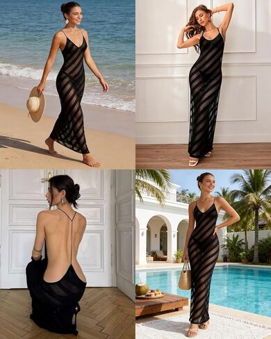 RARITYUS Women’s Sheer Mesh Beach Cover Up Dress Sexy V Neck Open Back Vacation Dress Side Split Striped Maxi Dresses in Kuwait