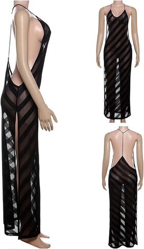 RARITYUS Women’s Sheer Mesh Beach Cover Up Dress Sexy V Neck Open Back Vacation Dress Side Split Striped Maxi Dresses in Kuwait