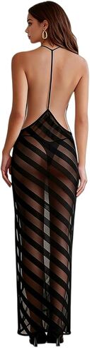 RARITYUS Women’s Sheer Mesh Beach Cover Up Dress Sexy V Neck Open Back Vacation Dress Side Split Striped Maxi Dresses in Kuwait