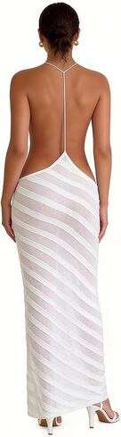 RARITYUS Women’s Sheer Mesh Beach Cover Up Dress Sexy V Neck Open Back Vacation Dress Side Split Striped Maxi Dresses in Kuwait