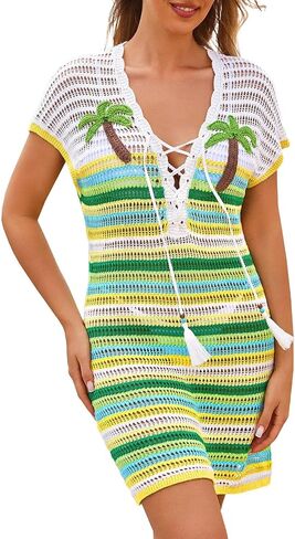 FAIRY SEASON Crochet Beach Cover Up, Colorful Striped Cute Swimsuit Coverup 3D Coconut Tree Deep V Dress Vacation Resort Wear in Saudi Arabia