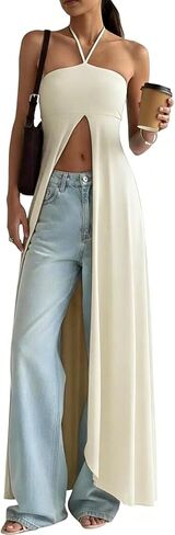 Unybwonn Women Halter Maxi Top Sleeveless High Split Flowy Shirt Tunic Sexy Backless Travel Vacation Long Top in Saudi Arabia