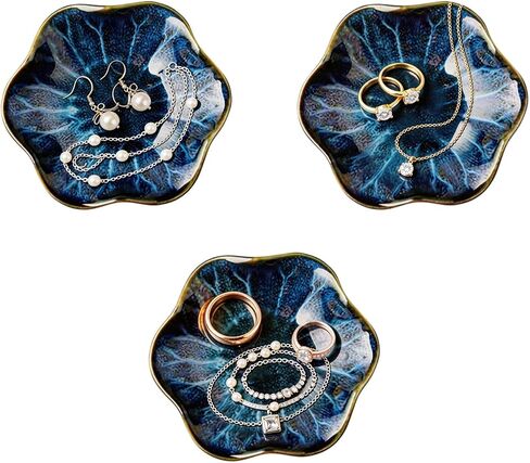 Ceramic Jewelry Tray, Blue Ring Dish Organizer | Elegant Jewelry Tray Gifts for Women, Stylish Home Decor Accessory (3pcs Blue) in Kuwait
