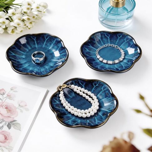 Ceramic Jewelry Tray, Blue Ring Dish Organizer | Elegant Jewelry Tray Gifts for Women, Stylish Home Decor Accessory (3pcs Blue) in Kuwait