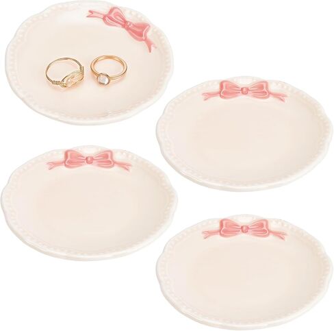 4 Pcs Ceramic Ring Holder Dish, Pink Bow Jewelry Dish Bow-Knot Trinket Tray Jewelry Tray Earring Rings Holder Round Storage Trays for Women Vanity Bathroom Room Decor Gift in Saudi Arabia