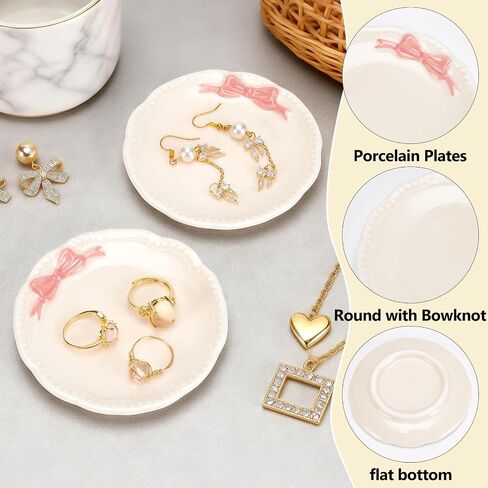 4 Pcs Ceramic Ring Holder Dish, Pink Bow Jewelry Dish Bow-Knot Trinket Tray Jewelry Tray Earring Rings Holder Round Storage Trays for Women Vanity Bathroom Room Decor Gift in Saudi Arabia