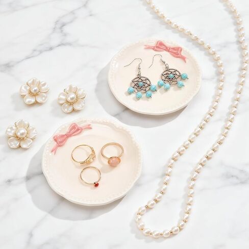 4 Pcs Ceramic Ring Holder Dish, Pink Bow Jewelry Dish Bow-Knot Trinket Tray Jewelry Tray Earring Rings Holder Round Storage Trays for Women Vanity Bathroom Room Decor Gift in Saudi Arabia