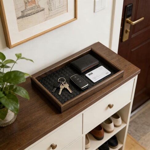 Wooden Valet Tray with Leather Base, EDC Catch All Tray Nightstand Entryway Table Vanity Organizer 11.8x7.9, Black in Saudi Arabia