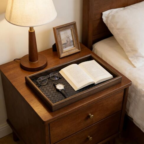 Wooden Valet Tray with Leather Base, EDC Catch All Tray Nightstand Entryway Table Vanity Organizer 11.8x7.9, Black in Saudi Arabia
