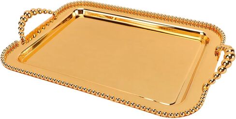 Rectangular Mirror Platter with Beaded Handles | Gold Metal Serving Tray for Party Decor Jewelry Display (Silver) in Kuwait