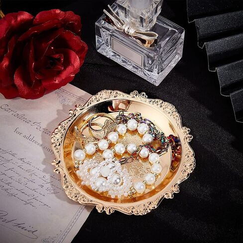 CRASPIRE Gold Decorative Tray Vintage Carved Alloy Jewelry Tray Trinkets Dish Organizer Jewellery Ring Holder Cosmetics Fruit Plate Wedding Festive Home Party Floral Paper Plates Cake Dish in Kuwait