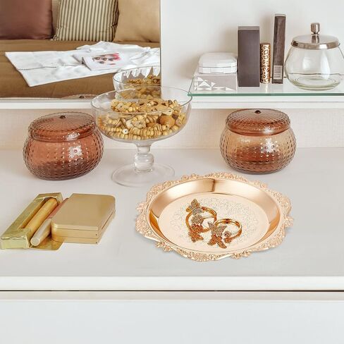 CRASPIRE Gold Decorative Tray Vintage Carved Alloy Jewelry Tray Trinkets Dish Organizer Jewellery Ring Holder Cosmetics Fruit Plate Wedding Festive Home Party Floral Paper Plates Cake Dish in Kuwait