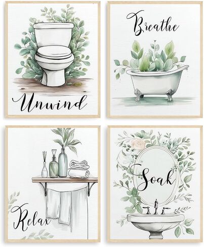 Dazzlewall 4pcs Relax Unwind Breath Soak Wall Decor, Minimalist Sage Green Leaves Bathroom Bathtub Washbasin Toilet Wall Art Poster, 8x10 in Unframed in Saudi Arabia