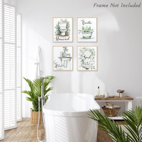 Dazzlewall 4pcs Relax Unwind Breath Soak Wall Decor, Minimalist Sage Green Leaves Bathroom Bathtub Washbasin Toilet Wall Art Poster, 8x10 in Unframed in Saudi Arabia