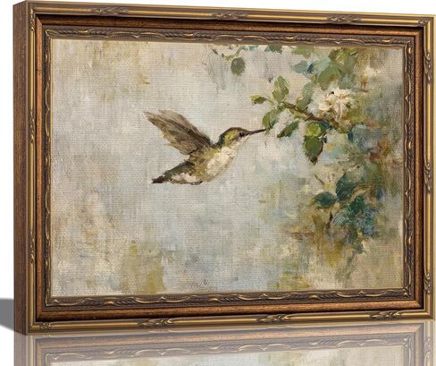 Kouserlin Vintage Gold Framed Hummingbird Wall Art, Cottagecore Bird Landscape Canvas Prints, Retro Botanical Nature Oil Painting Posters for Living Room Bedroom, 9x11Inche in Kuwait