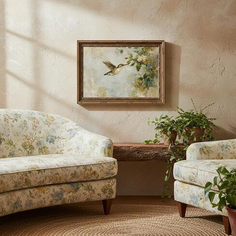 Kouserlin Vintage Gold Framed Hummingbird Wall Art, Cottagecore Bird Landscape Canvas Prints, Retro Botanical Nature Oil Painting Posters for Living Room Bedroom, 9x11Inche in Kuwait