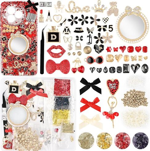 Junk Phone Case Charms Kit for DIY Custom Cases, Y2K Coquette Bling Decorating Accessories with Bows, Rhinestones, Flatback Pearls, Mini Mirrors and Resin Charms in Saudi Arabia