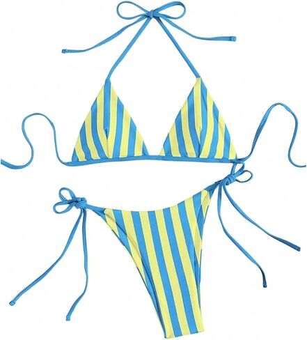 WDIRARA Women's Striped Halter Swimsuit Triangle String Bikini Sets Tie Side 2 Piece Bathing Suit in Kuwait