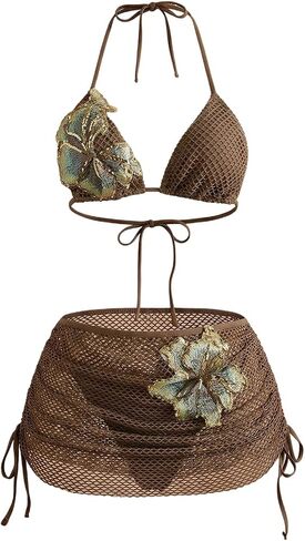 Verdusa Women's 3 Piece 3D Floral Halter Bikini Sets Crochet Bathing Suit with Beach Cover Up Skirt in Kuwait