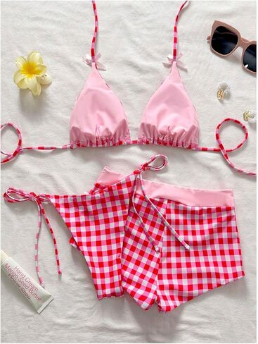 MakeMeChic Women's Gingham Bow String Bikini Sets Triangle Thong Swimsuit with Beach Mini Shorts in Kuwait