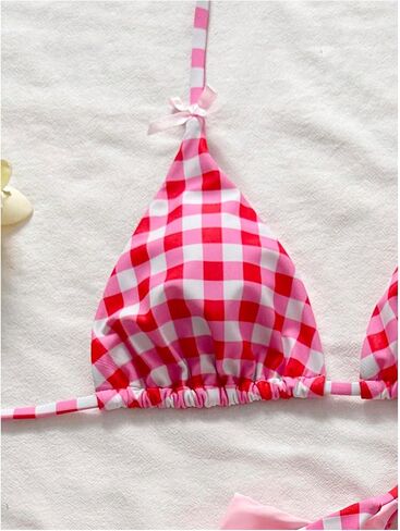 MakeMeChic Women's Gingham Bow String Bikini Sets Triangle Thong Swimsuit with Beach Mini Shorts in Kuwait