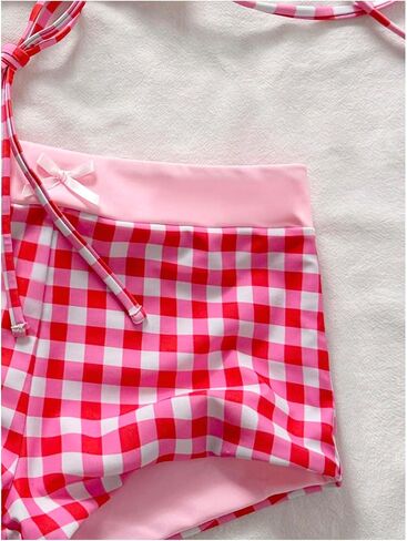 MakeMeChic Women's Gingham Bow String Bikini Sets Triangle Thong Swimsuit with Beach Mini Shorts in Kuwait