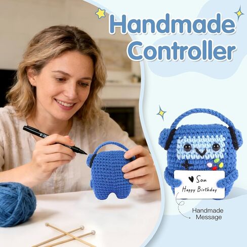 Handmade Crochet Controller Gift Set for Gamers - DIY Message Game Doll Kit Includes Pen & Keychain for Birthday,Easter,Mother,Father,Valentine's Day,Christmas,Festivals(Positive Blue) in Saudi Arabia