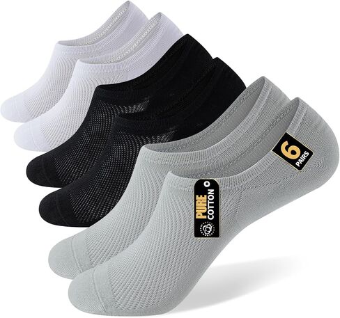 6 Pairs No Show Socks for Men 100% Cotton Low Cut Invisible Breathable Mesh Anti Odor Seamless Toe Silicone Heel Grips in Kuwait