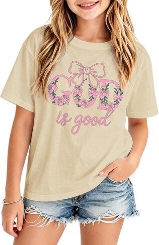 Christian Shirts for Girls God is Good Graphic Tees Jesus Bow Shirt for Kids Faith Religious Bible Verse Tshirt in Saudi Arabia