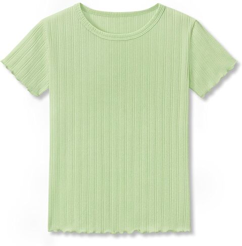 Girls Shirts Pointelle Knit Short Sleeve Tee - Solid & Ditsy Floral Lettuce Trim Tops for Kids Size 6-16 in Saudi Arabia