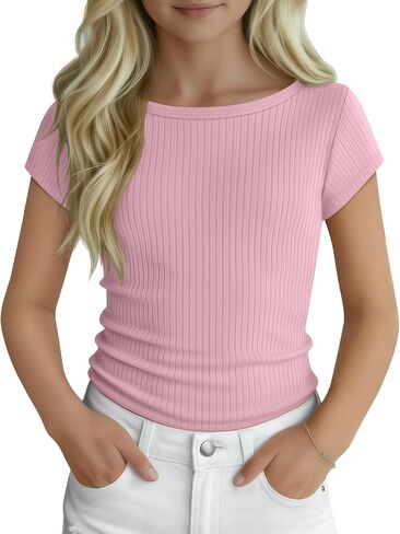 Oakgarden Shirts for Girls Cap Sleeve Ribbed Tops Short Sleeve Summer Slim Fit Tank Tops Casual Cute Basic Tees 5-14 Years in Kuwait