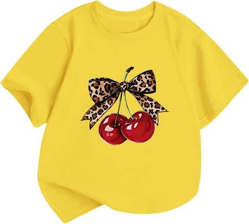 Girls Cute Cherry Shirts Kids Leopard Bow Tees Preppy Graphic T Shirt Aesthetic Short Sleeve Baggy Casual Tops in Saudi Arabia